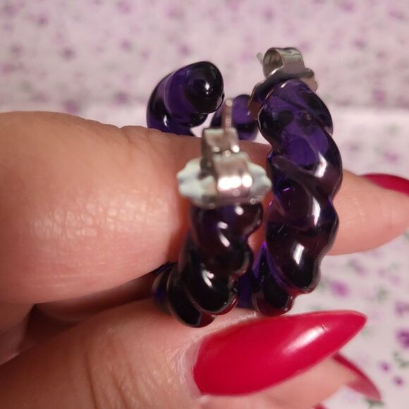 Purple Murano Style Twisted Hoop Earrings in Stainless Steel - Picture 4 of 7